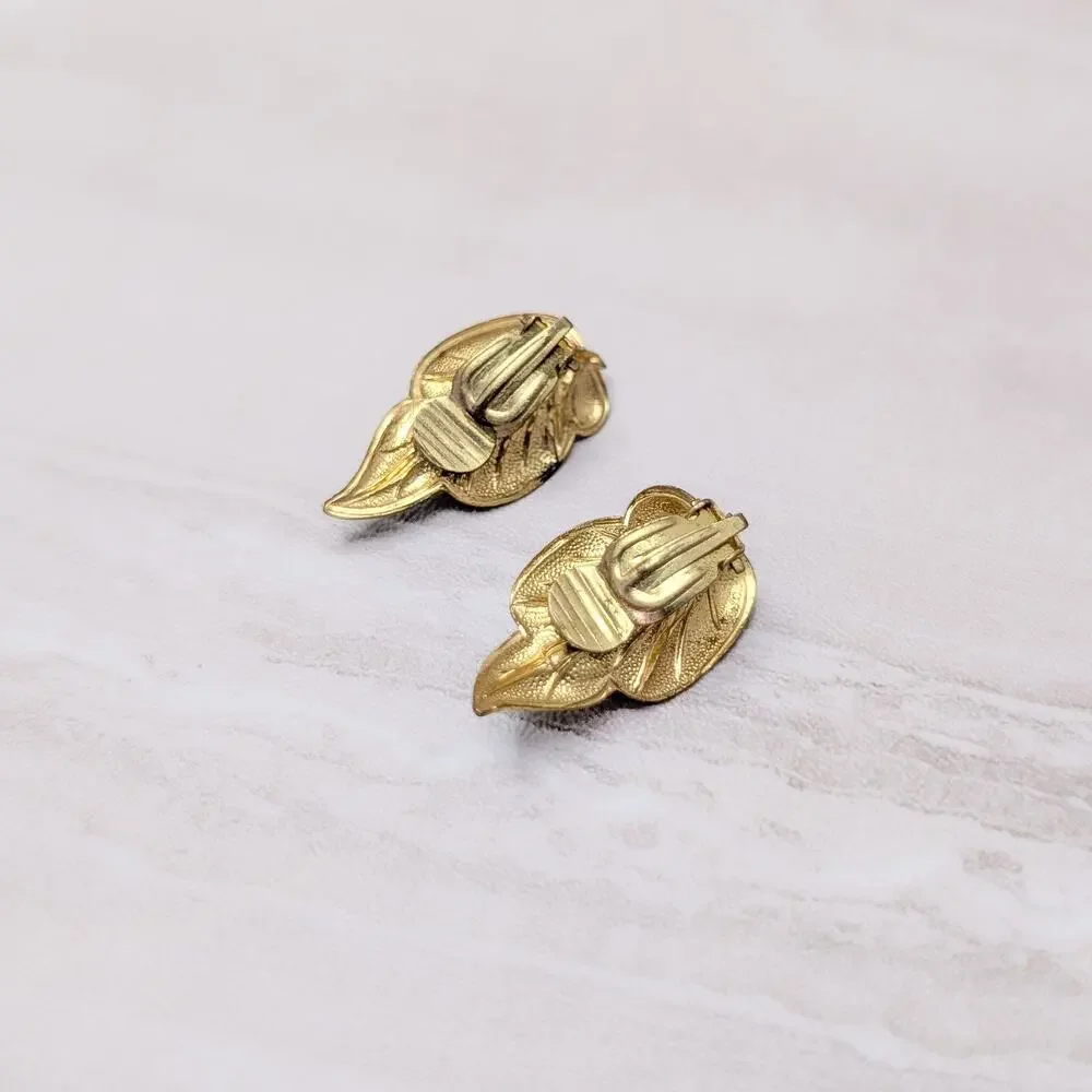 Vintage Clip On Earrings Light Green, Gold Tone, Faux Pearl - Condition Issues
